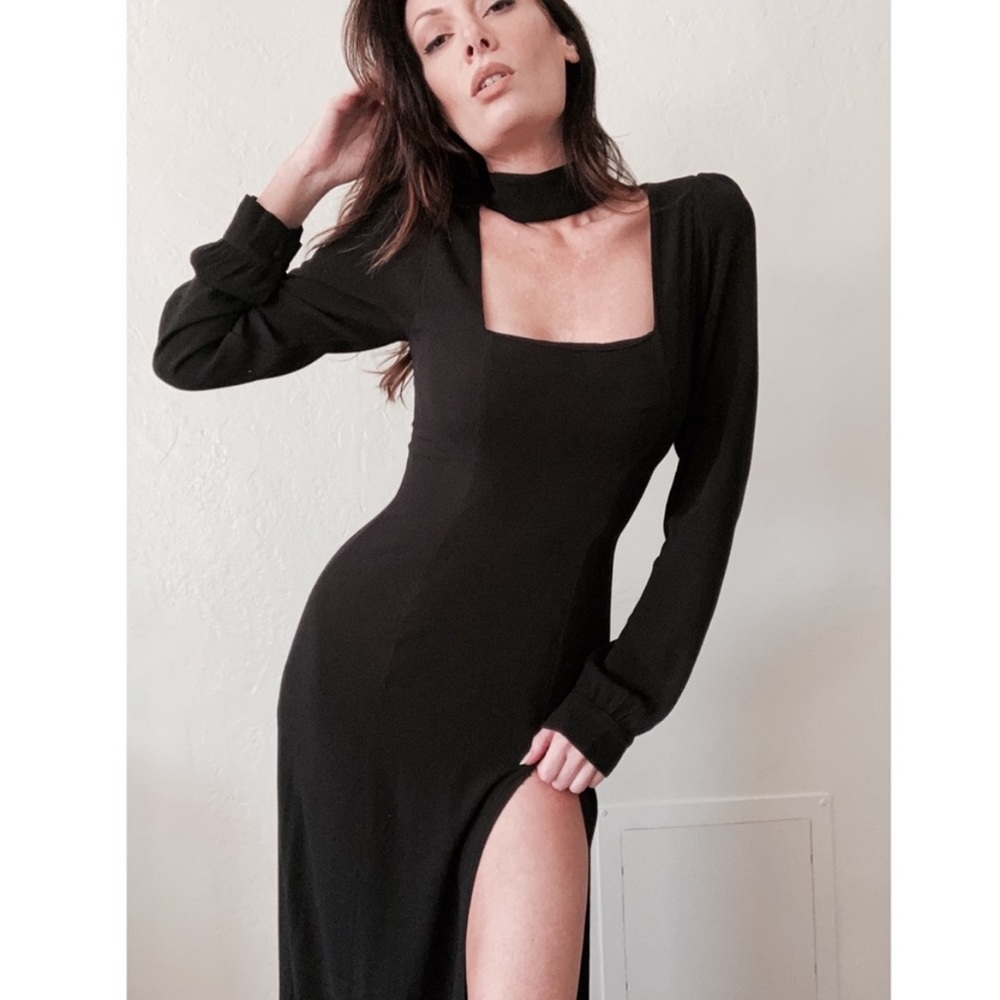 Stone Cold Fox Melrose Maxi Gown- black dress w/choker neck & high slit, size 2